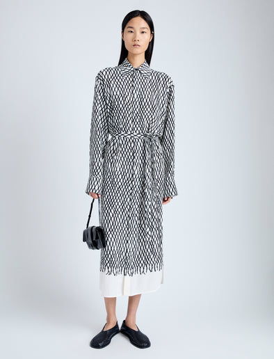 Front full length image of model wearing Bailey Dress in Printed Viscose Crepe in OFF WHITE MULTI