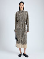 Front full length image of model wearing Bailey Dress in Printed Viscose Crepe in BRONZE MULTI
