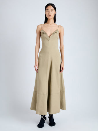 Front full length image of model wearing Ruby Dress in Eco Stretch Linen Viscose in BRONZE