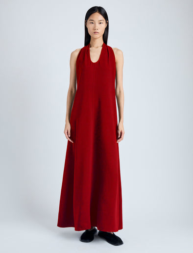 Front image of model wearing Ember Dress in Light Matte Viscose Crepe in red 
