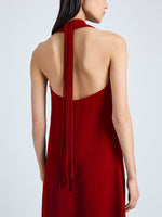 Detail image of model wearing Ember Dress in Light Matte Viscose Crepe in red