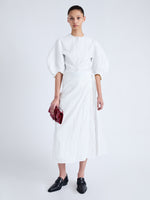 Front image of model wearing Alicia Dress in Crinkled Cotton Gabardine in white