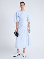 Front image of model wearing Alicia Dress in Crinkled Cotton Gabardine in sky blue
