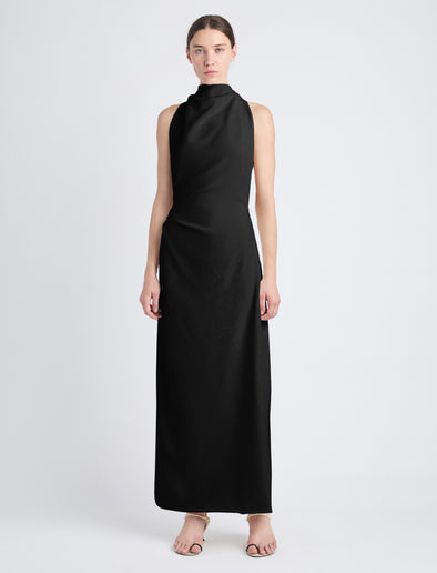 Front image of model wearing Selena Twist Back Dress in Matte Viscose Crepe in black