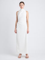 Front image of model wearing Selena Twist Back Dress in Matte Viscose Crepe in white