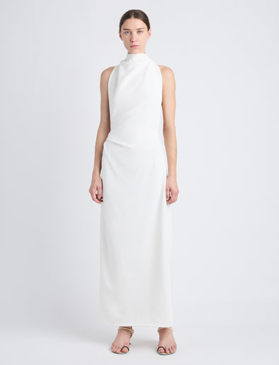 Front image of model wearing Selena Twist Back Dress in Matte Viscose Crepe in white