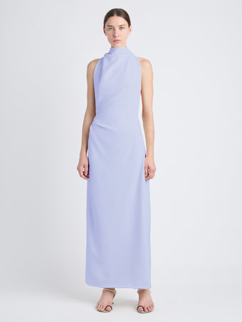 Front image of model wearing Selena Twist Back Dress in Matte Viscose Crepe in wisteria