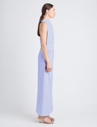 Side image of model wearing Selena Twist Back Dress in Matte Viscose Crepe in white