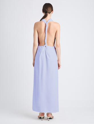 Back image of model wearing Selena Twist Back Dress in Matte Viscose Crepe in wisteria