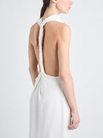 Detail image of model wearing Selena Twist Back Dress in Matte Viscose Crepe in white