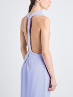 Detail image of model wearing Selena Twist Back Dress in Matte Viscose Crepe in wisteria