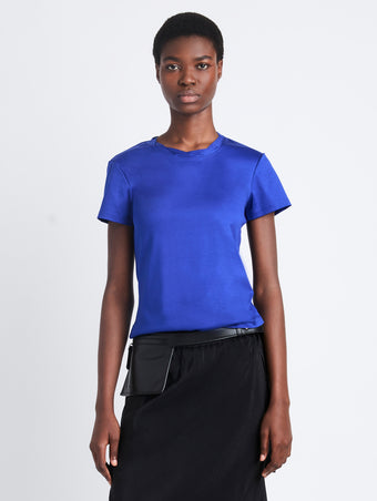 Front cropped image of model wearing Maren Top In Eco Cotton Jersey in COBALT