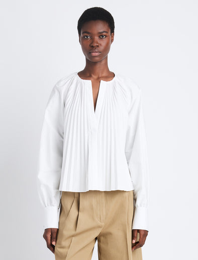 Front cropped image of model wearing Monica Top In Compact Poplin in WHITE