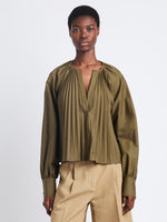 Front cropped image of model wearing Monica Top In Compact Poplin in WOOD
