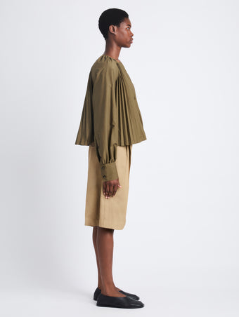 Side full length image of model wearing Monica Top In Compact Poplin in WOOD