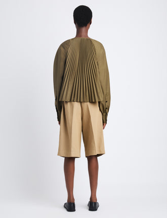 Back full length image of model wearing Monica Top In Compact Poplin in WOOD