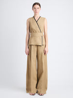 Front full length image of model wearing Elliot Top In Cotton Linen in HAZELNUT