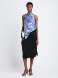 Front full length image of model wearing Theda Top In Printed Viscose Crepe in COBALT MULTI