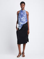 Front full length image of model wearing Theda Top In Printed Viscose Crepe in COBALT MULTI