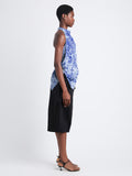 Side full length image of model wearing Theda Top In Printed Viscose Crepe in COBALT MULTI