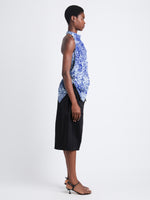 Side full length image of model wearing Theda Top In Printed Viscose Crepe in COBALT MULTI