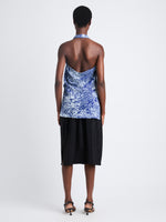 Back full length image of model wearing Theda Top In Printed Viscose Crepe in COBALT MULTI