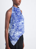 Detail image of model wearing Theda Top In Printed Viscose Crepe in COBALT MULTI