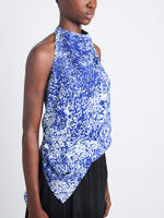 Detail image of model wearing Theda Top In Printed Viscose Crepe in COBALT MULTI