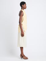 Side full length image of model wearing Theda Top In Printed Viscose Crepe in YELLOW MULTI