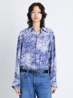Front cropped image of model wearing Norman Top In Printed Viscose Crepe in COBALT MULTI