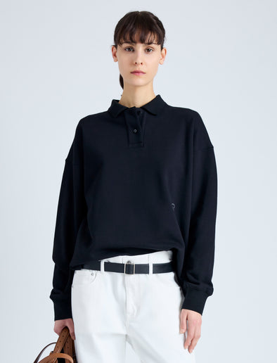 Front cropped image of model wearing Brooks Polo in Cotton Terry Jersey in BLACK