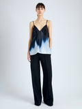Front full length image of model wearing Sabine Top in Printed Viscose Gaberdine in MIDNIGHT MULTI