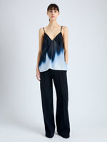Front full length image of model wearing Sabine Top in Printed Viscose Gaberdine in MIDNIGHT MULTI