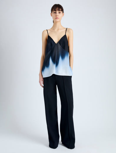 Front full length image of model wearing Sabine Top in Printed Viscose Gaberdine in MIDNIGHT MULTI