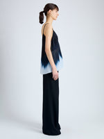 Side full length image of model wearing Sabine Top in Printed Viscose Gaberdine in MIDNIGHT MULTI