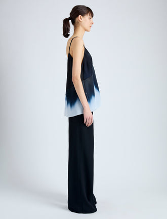 Side full length image of model wearing Sabine Top in Printed Viscose Gaberdine in MIDNIGHT MULTI