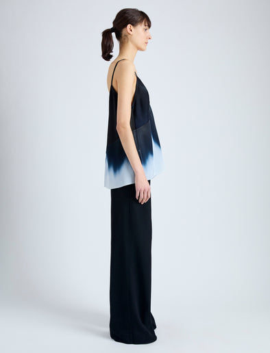 Side full length image of model wearing Sabine Top in Printed Viscose Gaberdine in MIDNIGHT MULTI