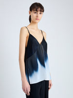 Detail image of model wearing Sabine Top in Printed Viscose Gaberdine in MIDNIGHT MULTI