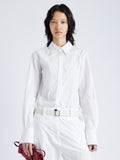 Front cropped image of model wearing Allen Shirt in Crinkled Cotton Gabardine in WHITE