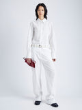 Front full length image of model wearing Allen Shirt in Crinkled Cotton Gabardine in WHITE