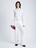 Front full length image of model wearing Allen Shirt in Crinkled Cotton Gabardine in WHITE