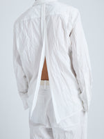 Detail image of model wearing Allen Shirt in Crinkled Cotton Gabardine in WHITE