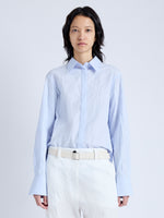 Front cropped image of model wearing Allen Shirt in Crinkled Cotton Gabardine in SKY BLUE