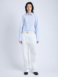 Front full length image of model wearing Allen Shirt in Crinkled Cotton Gabardine in SKY BLUE