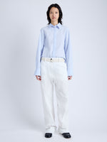 Front full length image of model wearing Allen Shirt in Crinkled Cotton Gabardine in SKY BLUE