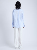 Back full length image of model wearing Allen Shirt in Crinkled Cotton Gabardine in SKY BLUE