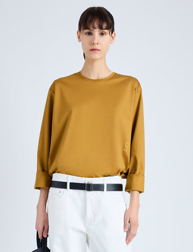 Front cropped image of model wearing Olson T-Shirt in Eco Cotton Jersey in CIDER