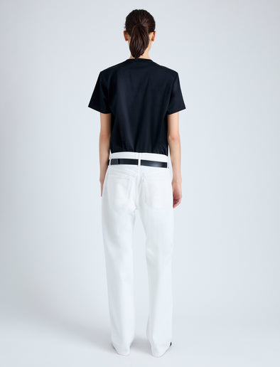 Back full length image of model wearing Kira T-Shirt in Eco Cotton Jersey in BLACK