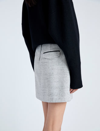 Detail image of model wearing Judith Skirt in Melange Visocose Linen Suiting in GREY MULTI
