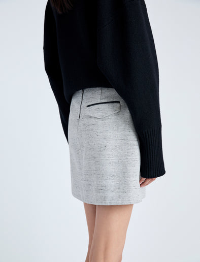 Detail image of model wearing Judith Skirt in Melange Visocose Linen Suiting in GREY MULTI